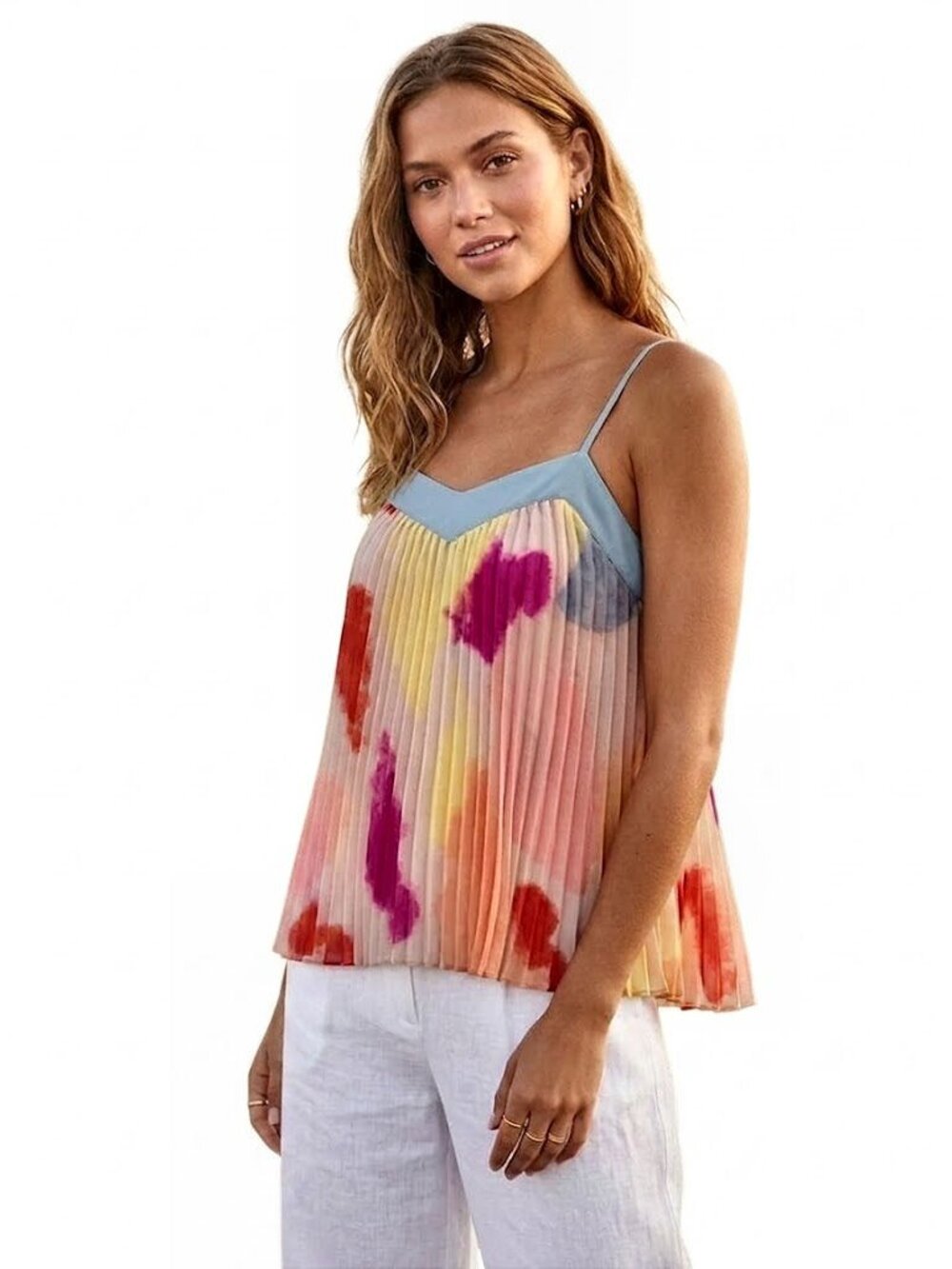 1.STATE Watercolor Pleated Camisole Top, Pink / Peach, Womens Size Small